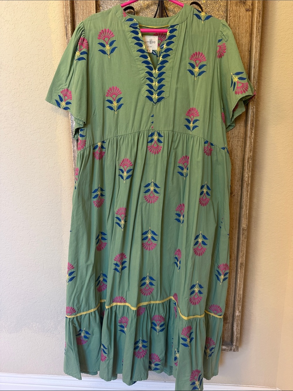 Umgee Green Maxi Dress with Pink & Blue Floral Embroidery